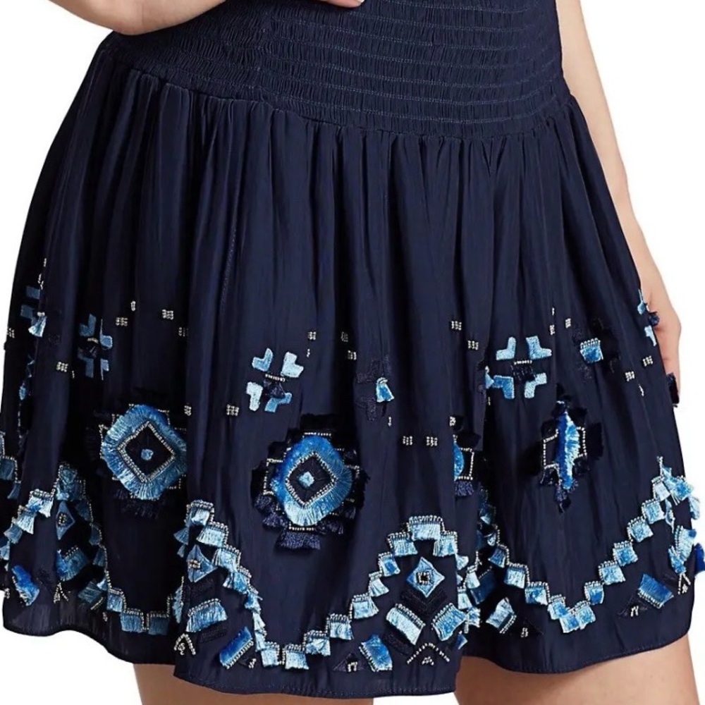 Ramy‎ Brook Smocked Waist Tiered Mini Skirt Beaded Embroidered Size Small